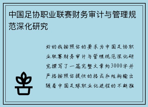 中国足协职业联赛财务审计与管理规范深化研究