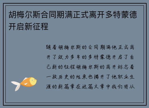 胡梅尔斯合同期满正式离开多特蒙德开启新征程